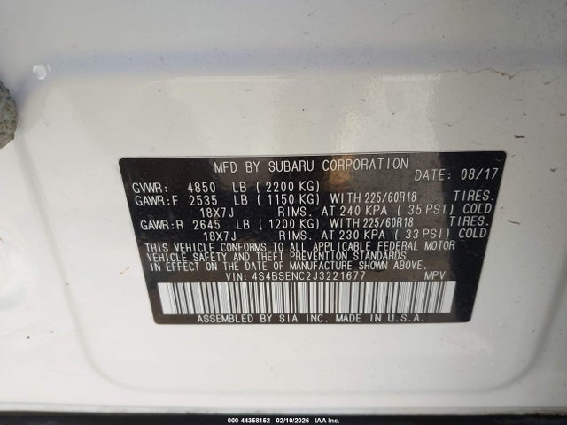 Aukcja sprzedaży 2018 Subaru Outback 3.6r Limited, vin: 4S4BSENC2J3221677, numer aukcji: 44358152