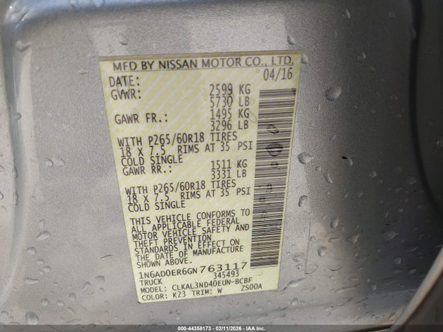 1N6AD0ER6GN763117 Nissan Frontier Sl