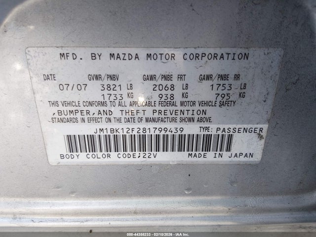 2008 Mazda Mazda3 I Sport მანქანა იყიდება აუქციონზე, vin: JM1BK12F281799439, აუქციონის ნომერი: 44358233