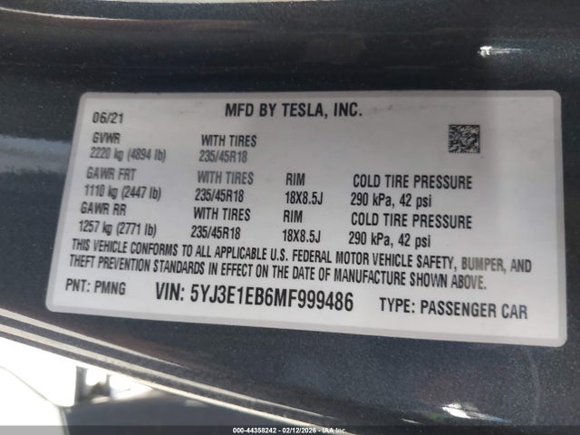 44358242 :رقم المزاد ، 5YJ3E1EB6MF999486 vin ، 2021 Tesla Model 3 Long Range Dual Motor All-wheel Drive مزاد بيع