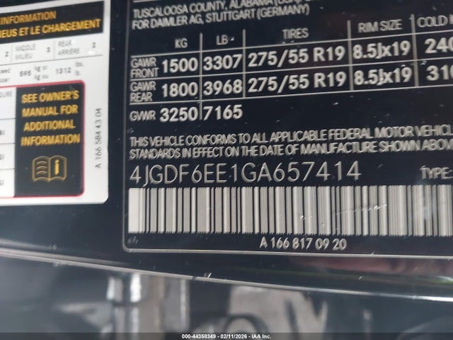 44358349 :رقم المزاد ، 4JGDF6EE1GA657414 vin ، 2016 Mercedes-benz Gl 450 4matic مزاد بيع