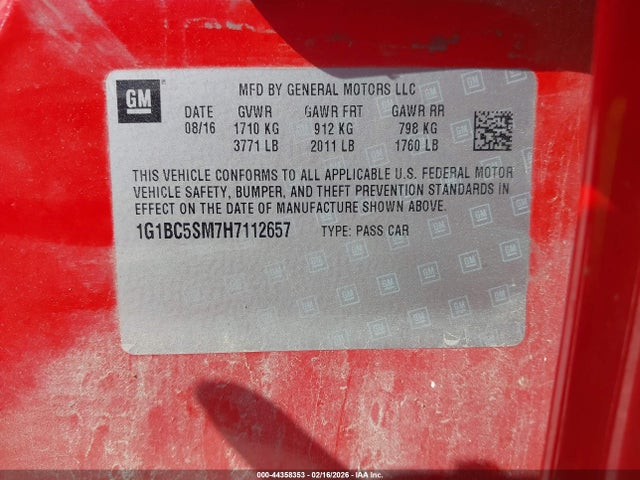 Продаж на аукціоні авто 2017 Chevrolet Cruze Ls Auto, vin: 1G1BC5SM7H7112657, номер лоту: 44358353