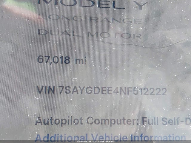 Aukcja sprzedaży 2022 Tesla Model Y Long Range Dual Motor All-wheel Drive, vin: 7SAYGDEE4NF512222, numer aukcji: 44358358