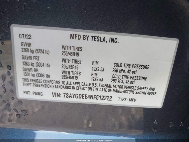 Aukcja sprzedaży 2022 Tesla Model Y Long Range Dual Motor All-wheel Drive, vin: 7SAYGDEE4NF512222, numer aukcji: 44358358