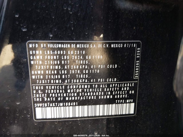 44358379 :رقم المزاد ، 3VV2B7AX7JM188491 vin ، 2018 Volkswagen Tiguan 2.0t Se/2.0t Sel مزاد بيع