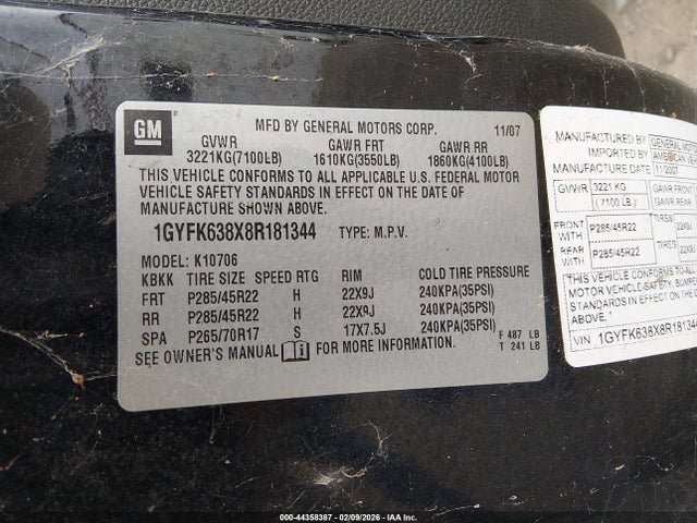 2008 CADILLAC ESCALADE 1GYFK638X8R181344 Photo 8