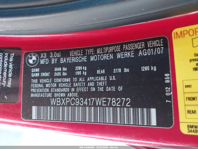 Aukcja sprzedaży 2007 Bmw X3 3.0si, vin: WBXPC93417WE78272, numer aukcji: 44358400