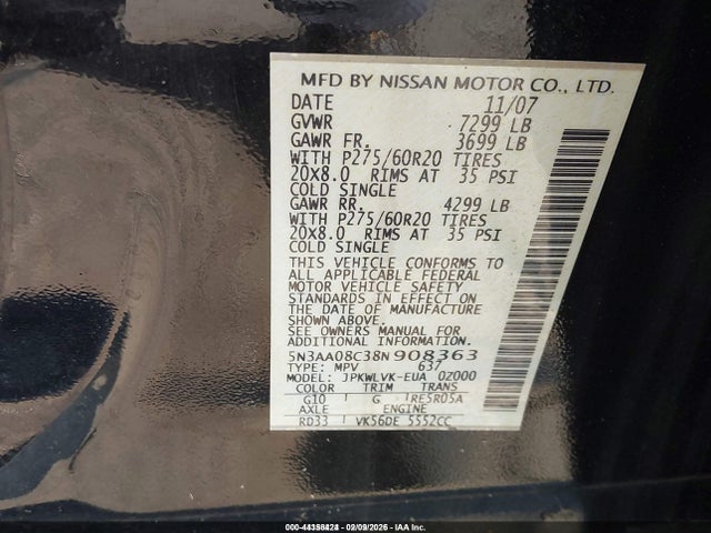 Продажа на аукционе авто 2008 Infiniti Qx56, vin: 5N3AA08C38N908363, номер лота: 44358424