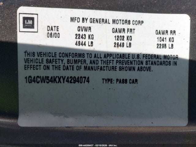 Aukcja sprzedaży 2000 Buick Park Avenue, vin: 1G4CW54KXY4294074, numer aukcji: 44358437