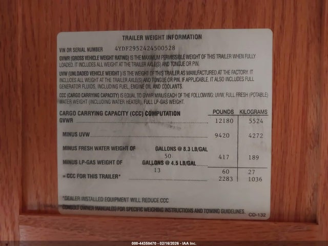 Продаж на аукціоні авто 2002 Keystone 2955rl, vin: 4YDF2952424500528, номер лоту: 44358470