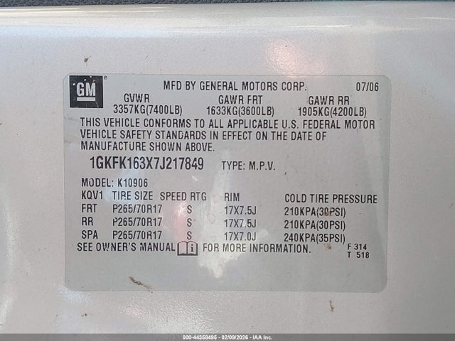 44358495 :رقم المزاد ، 1GKFK163X7J217849 vin ، 2007 Gmc Yukon Xl 1500 Slt مزاد بيع