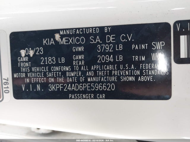 3KPF24AD6PE596620 KIA Forte Lxs