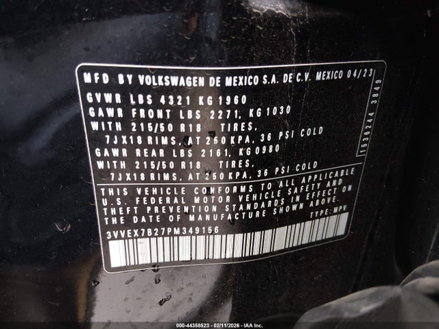 44358523 :رقم المزاد ، 3VVEX7B27PM349156 vin ، 2023 Volkswagen Taos 1.5t Se مزاد بيع
