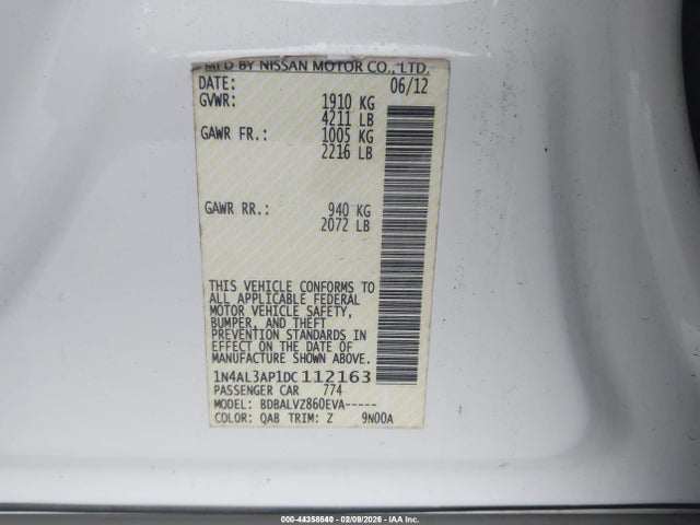 Продаж на аукціоні авто 2013 Nissan Altima 2.5 Sl, vin: 1N4AL3AP1DC112163, номер лоту: 44358540