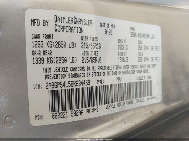 Продажа на аукционе авто 2006 Chrysler Town & Country Touring, vin: 2A8GP54L56R634469, номер лота: 44358544