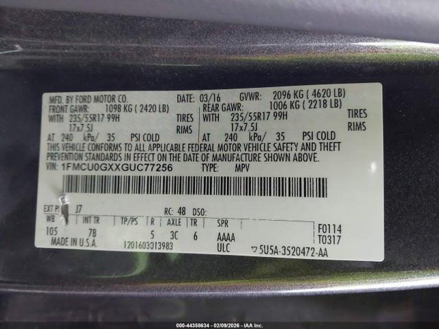 1FMCU0GXXGUC77256 Ford ESCAPE SE