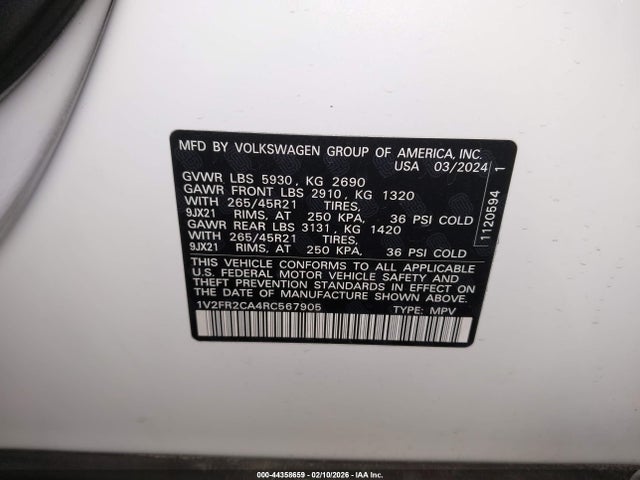 44358659 :رقم المزاد ، 1V2FR2CA4RC567905 vin ، 2024 Volkswagen Atlas 2.0t Sel Premium R-line مزاد بيع