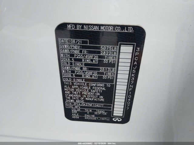 Продаж на аукціоні авто 2022 Infiniti Qx55 Essential Awd, vin: 3PCAJ5K37NF104077, номер лоту: 44358662