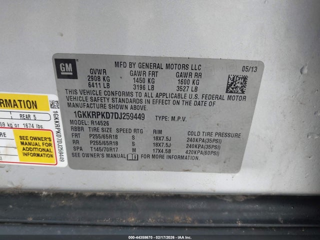 2013 Gmc Acadia Sle-2 მანქანა იყიდება აუქციონზე, vin: 1GKKRPKD7DJ259449, აუქციონის ნომერი: 44358670