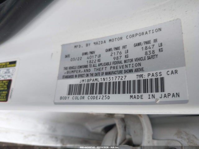 Продажа на аукционе авто 2022 Mazda Mazda3 Premium, vin: JM1BPAML1N1517727, номер лота: 44358745