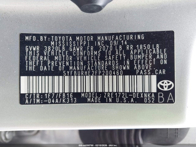 Продаж на аукціоні авто 2015 Toyota Corolla Le/le Plus/le Premium, vin: 5YFBURHE2FP200460, номер лоту: 44358780