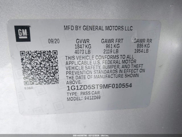 1G1ZD5ST9MF010554 Chevrolet Malibu Fwd Lt