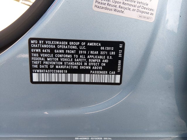 Продаж на аукціоні авто 2012 Volkswagen Passat 2.5l Se, vin: 1VWBH7A37CC089519, номер лоту: 44358823