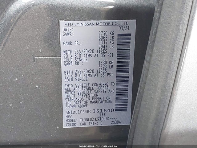 44358954 :رقم المزاد ، 5N1DL1FS4RC351640 vin ، 2024 Infiniti Qx60 Luxe Awd مزاد بيع