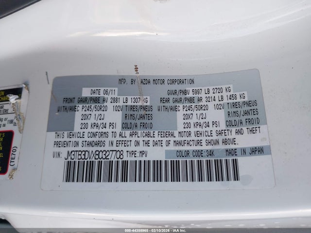 Aukcja sprzedaży 2011 Mazda Cx-9 Grand Touring, vin: JM3TB3DVXB0327708, numer aukcji: 44358965