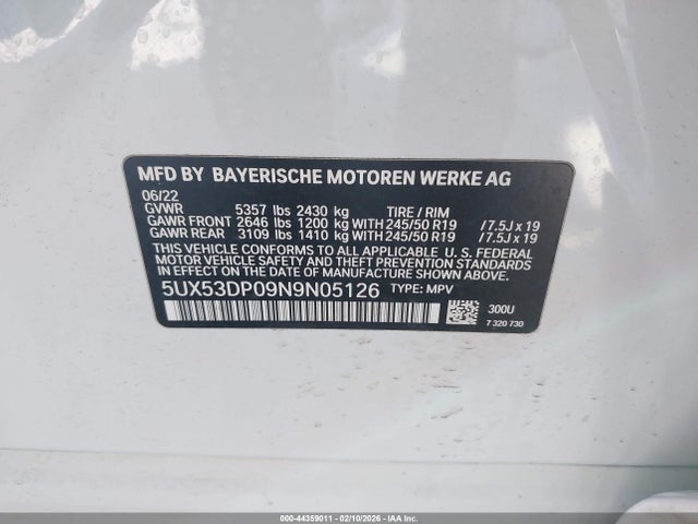 44359011 :رقم المزاد ، 5UX53DP09N9N05126 vin ، 2022 Bmw X3 Xdrive30i مزاد بيع