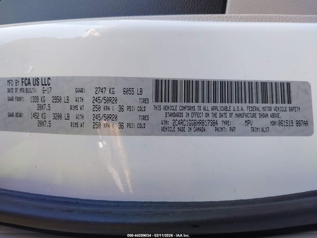 Aukcja sprzedaży 2017 Chrysler Pacifica Limited, vin: 2C4RC1GG6HR817384, numer aukcji: 44359034