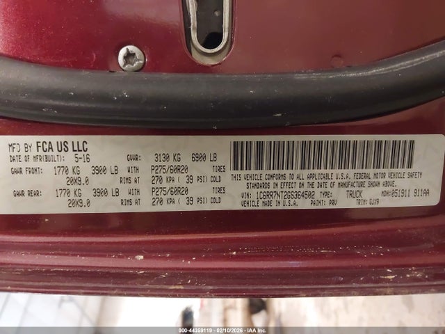44359119 :رقم المزاد ، 1C6RR7NT2GS364502 vin ، 2016 Ram 1500 Laramie مزاد بيع