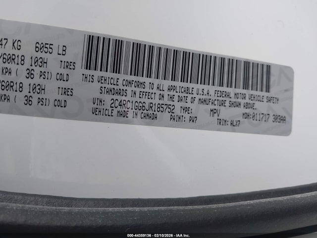 44359136 :رقم المزاد ، 2C4RC1GG6JR185752 vin ، 2018 Chrysler Pacifica Limited مزاد بيع