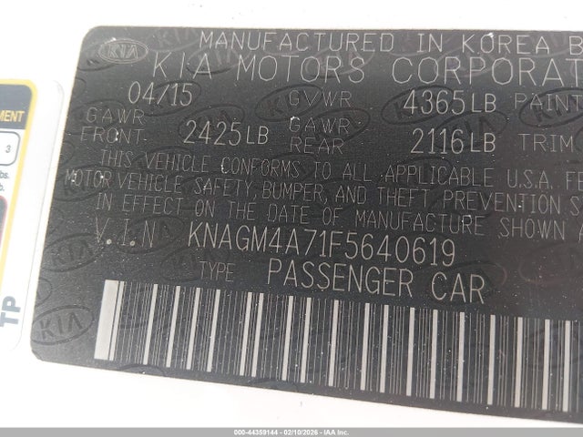 Продаж на аукціоні авто 2015 Kia Optima Lx, vin: KNAGM4A71F5640619, номер лоту: 44359144