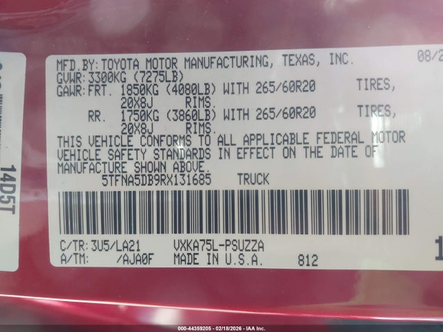 44359205 :رقم المزاد ، 5TFNA5DB9RX131685 vin ، 2024 Toyota Tundra Platinum مزاد بيع