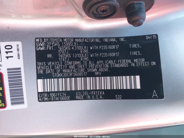 5TDKK3DC9FS608517 Toyota Sienna Le 8 Passenger