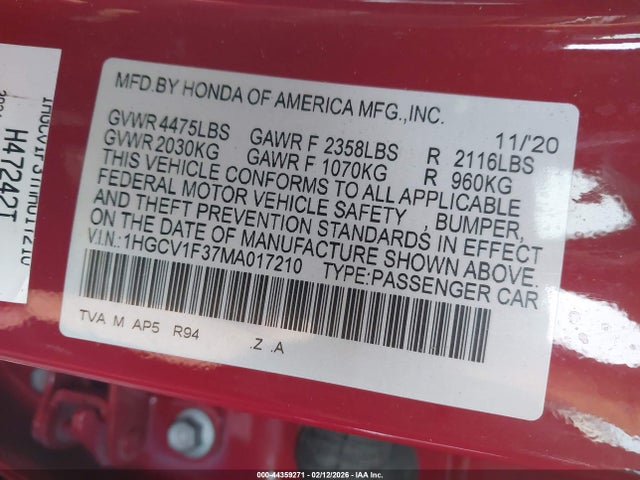 1HGCV1F37MA017210 Honda Accord Sport