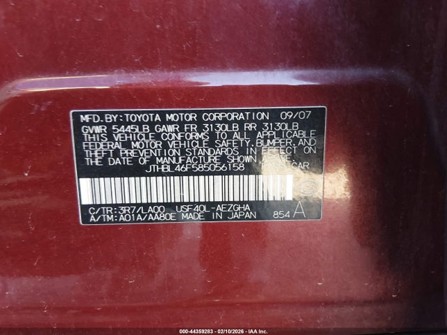 Aukcja sprzedaży 2008 Lexus Ls 460, vin: JTHBL46F585056158, numer aukcji: 44359283