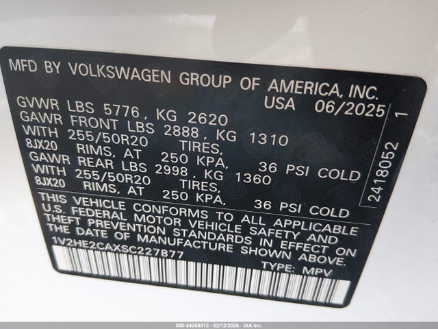 2025 Volkswagen Atlas Cross Sport 2.0t Se W/technology მანქანა იყიდება აუქციონზე, vin: 1V2HE2CAXSC227877, აუქციონის ნომერი: 44359312