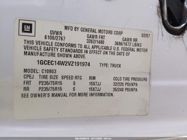 Продаж на аукціоні авто 1997 Chevrolet C1500 Fleetside W/t, vin: 1GCEC14W2VZ191974, номер лоту: 44359318