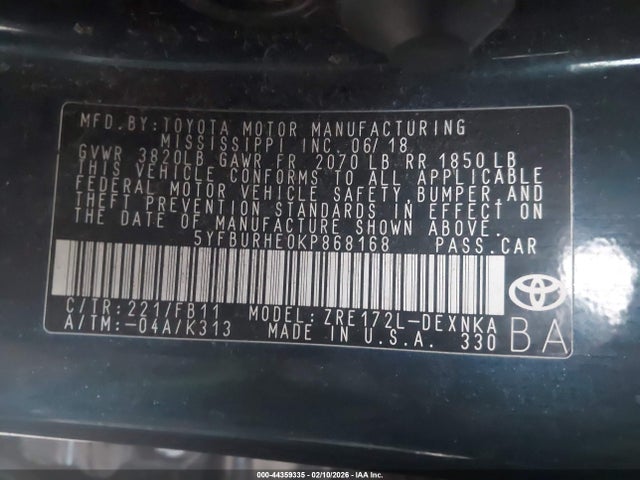 5YFBURHE0KP868168 Toyota COROLLA LE