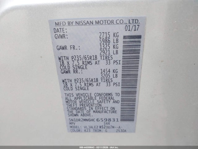 5N1DR2MN6HC659831 Nissan Pathfinder Sv