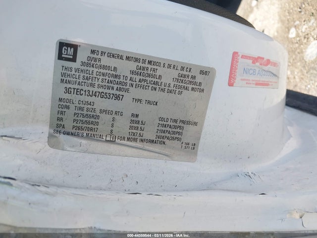 2007 Gmc Sierra 1500 Sle1 მანქანა იყიდება აუქციონზე, vin: 3GTEC13J47G537967, აუქციონის ნომერი: 44359544