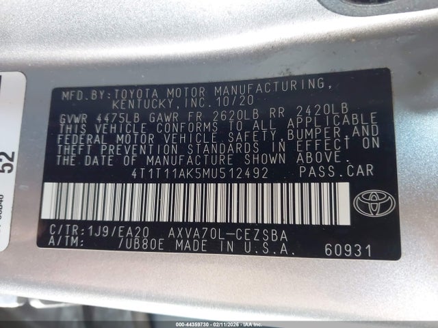 4T1T11AK5MU512492 Toyota CAMRY SE