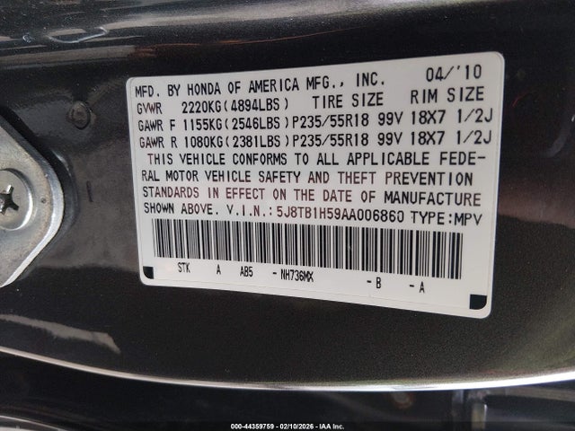 44359759 :رقم المزاد ، 5J8TB1H59AA006860 vin ، 2010 Acura Rdx مزاد بيع