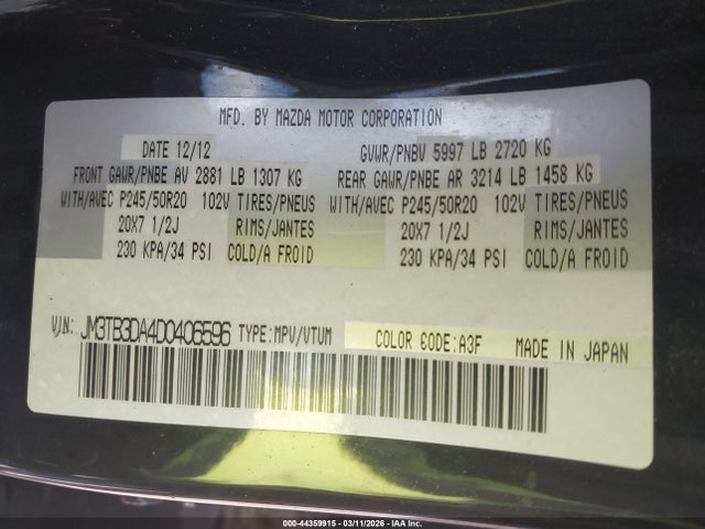 2013 Mazda Cx-9 Grand Touring მანქანა იყიდება აუქციონზე, vin: JM3TB3DA4D0406596, აუქციონის ნომერი: 44359915