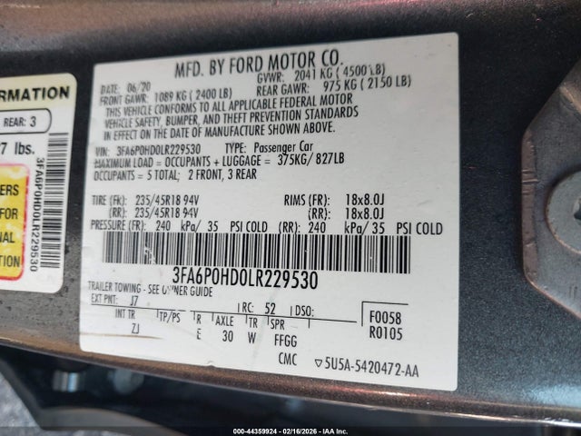 Продаж на аукціоні авто 2020 Ford Fusion Se, vin: 3FA6P0HD0LR229530, номер лоту: 44359924
