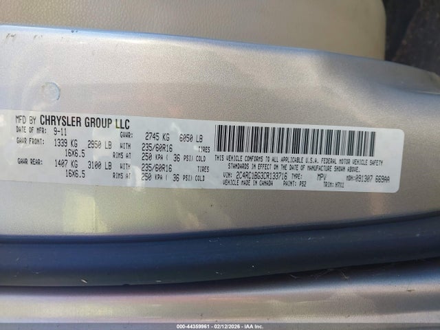 44359961 :رقم المزاد ، 2C4RC1BG3CR133716 vin ، 2012 Chrysler Town & Country Touring مزاد بيع