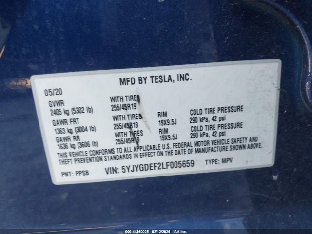 Продажа на аукционе авто 2020 Tesla Model Y Long Range Dual Motor All-wheel Drive/performance Dual Motor All-wheel Drive, vin: 5YJYGDEF2LF005659, номер лота: 44360025