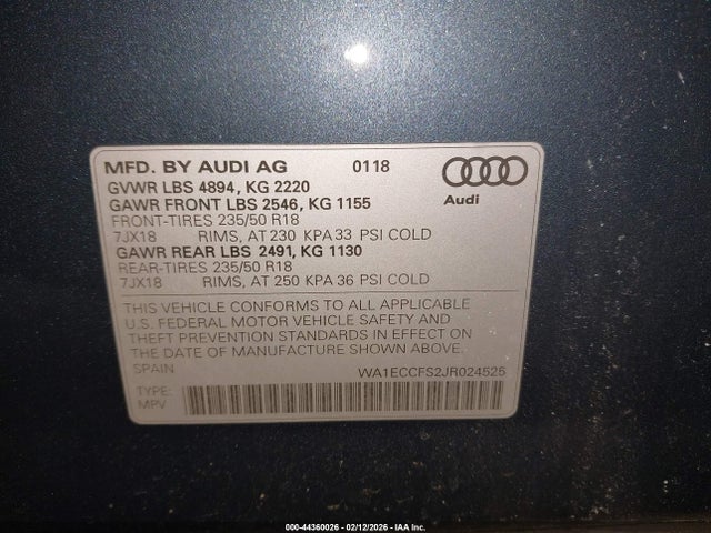 44360026 :رقم المزاد ، WA1ECCFS2JR024525 vin ، 2018 Audi Q3 2.0t Premium/2.0t Sport Premium مزاد بيع